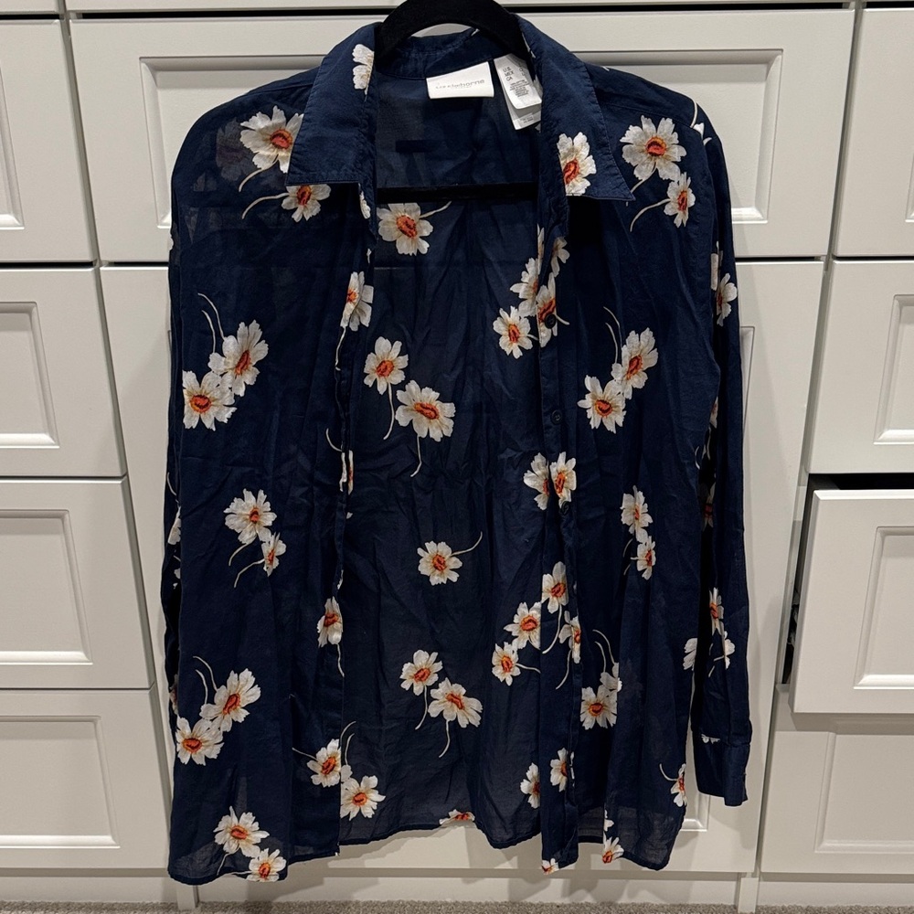 Liz Claiborne Navy Floral Sheer Button Down Shirt